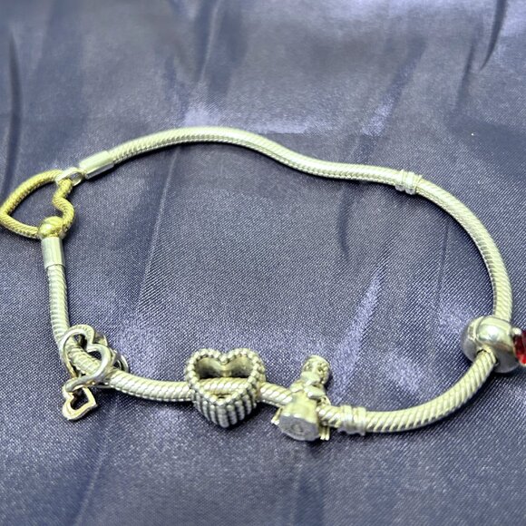 Pandora Sterling Silver Heart Closure Bracelet 9 " with 1 spacer & 3 charms - Picture 3 of 4